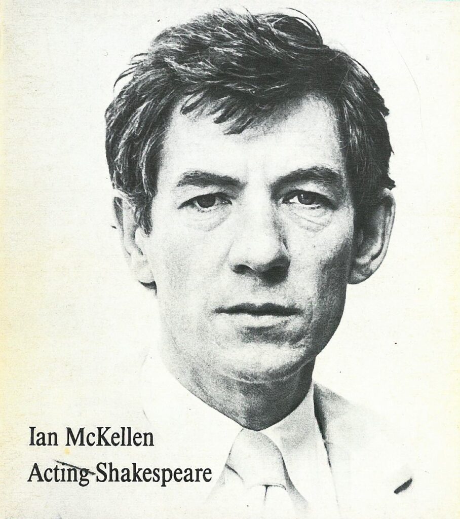 A black and white image of Ian McKellen, a white man looking directly at the camera. "Ian McKellen Acting Shakespeare" is written in the left corner.