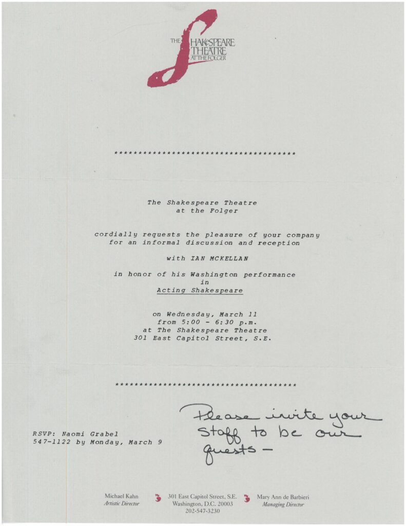 A typed document from the Shakespeare Theatre at the Folger, featuring a handwritten note.